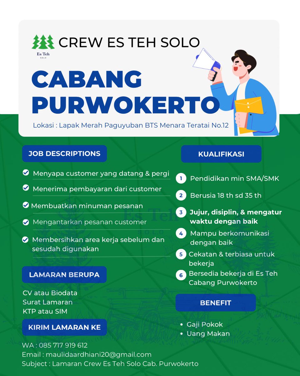 Bantu punya temen, lagi cari nih buat di Purwokerto 

#lowker #purwokerto