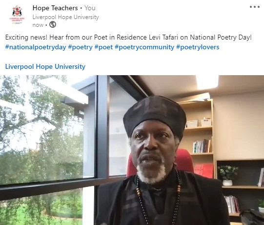 Exciting news! Hear from our Poet in Residence Levi Tafari on National Poetry Day! #nationalpoetryday #poetry #poet #poetrycommunity #poetrylovers

<a href="/LiverpoolHopeUK/">Liverpool Hope University</a>

linkedin.com/posts/hope-tea…