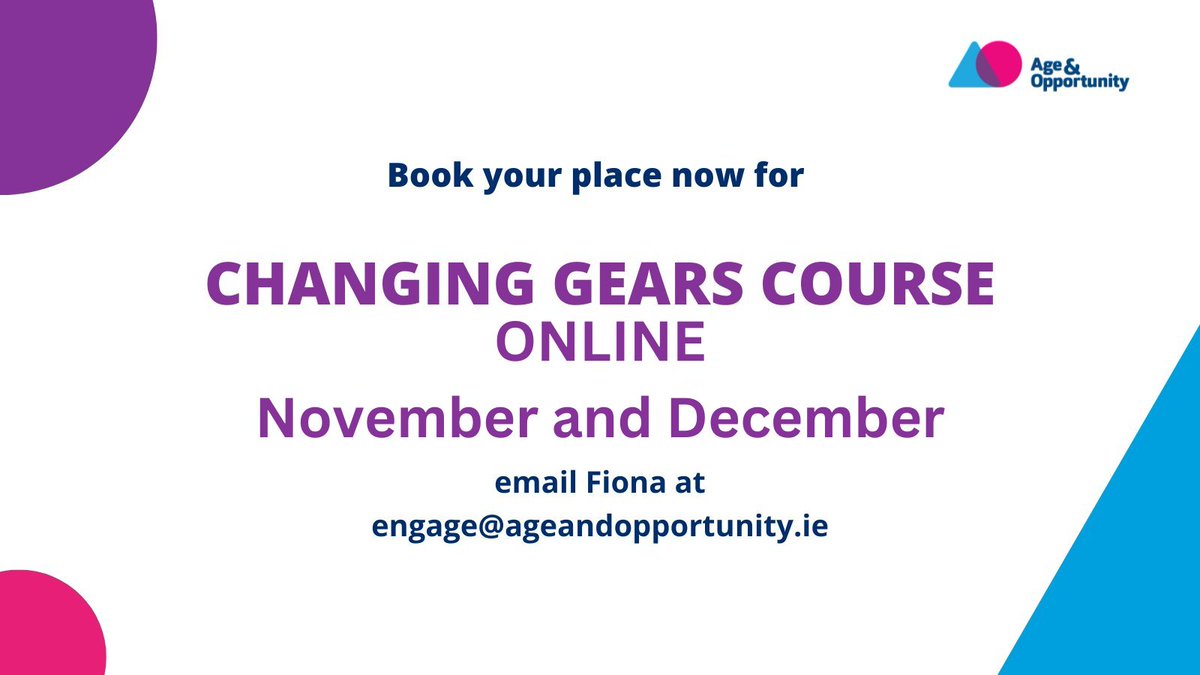 Book your spot now for our online Changing Gears course. Designed to boost wellbeing and resilience for those aged 50+ years, this four session course focuses on managing transitions in mid to later life. Full details here: ageandopportunity.ie/changing-gears… @HSELive