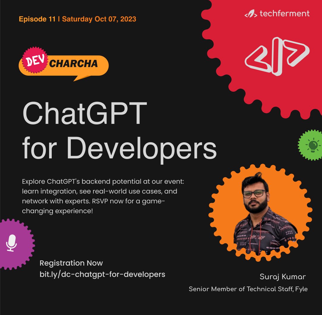 #MeetTheSpeaker for- ChatGPT For Developers  

@SurajSugga will take you through #ChatGPT  

Say 'Hi' to your Speaker 👋  

Register yourself at bit.ly/dc-chatgpt-for… 
 
#TechFerment #WebDev #JavaScript #LearnToGether #DevCharcha