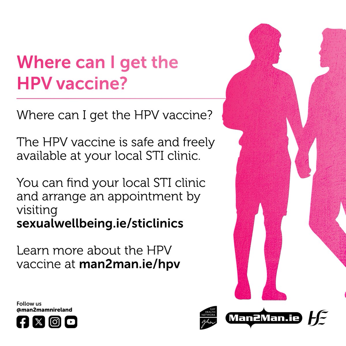Man2ManIreland's tweet photo. There are over 100 different types of HPV. Some can cause cancer, notably anal, throat, penile and cervical cancer.

If you're gay, bi, trans or non-binary &amp; under 45 or if you are living with HIV it is recommended that you are vaccinated against #HPV. 

#Vaccines #SexualHealth