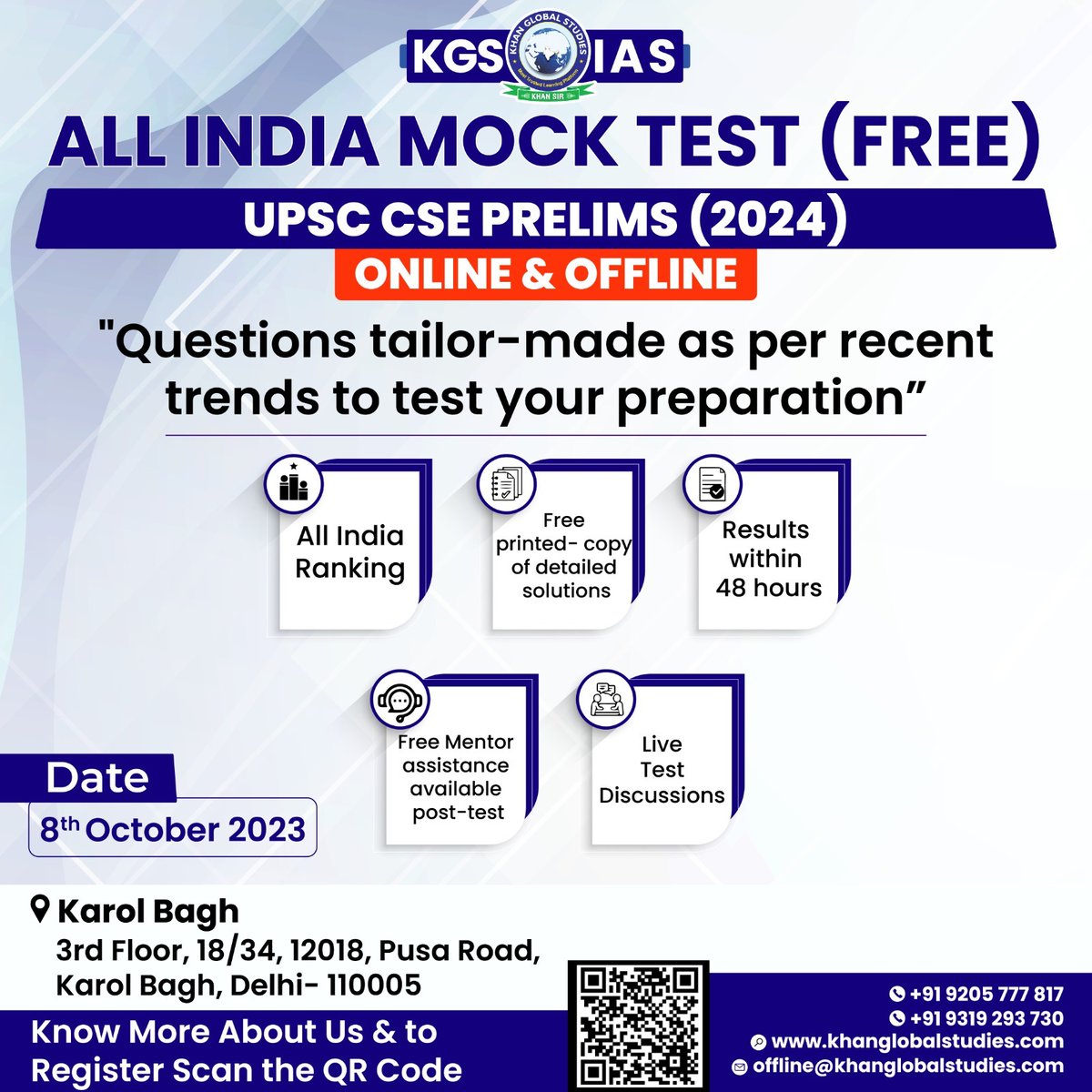 kgs_live's tweet image. Participate in KGS IAS All India Prelims Mock Test and assess your UPSC CSE preparation and strategy, which will provide valuable guidance on your path to success.

Register Now by clicking on the given link -
khanglobalstudies.com/kgs-ias-online…
.
.
.
#PrelimsMockTest #mocktest #karolbagh…