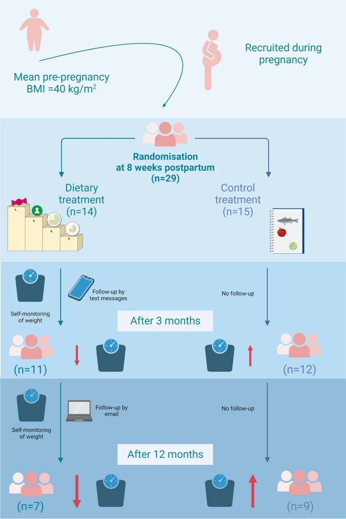 In an RCT with 29 postpartum women with obesity, we explored the effects of a dietary treatment versus control treatment. The treatment reduced weight and prevented postpartum weight retention or weight gain. rdcu.be/dm6wo  #bmcpregnancyandchildbirth <a href="/BioMedCentral/">BMC</a>