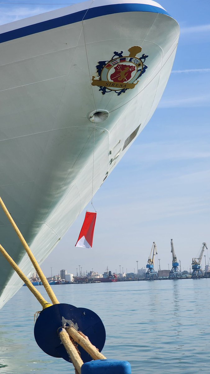 DurresPort's tweet photo. A close up of the graceful “MS Sirena” bow, anchored @durresport while her passengers visit the city today…🛳⚓️🌊☀️

#Maritime🇦🇱⚓️🚢 #cruiseship
#shipping #waterfront #bowshot 
#harbour #tourism #thursdayvibes https://t.co/WEhnEkZVz8