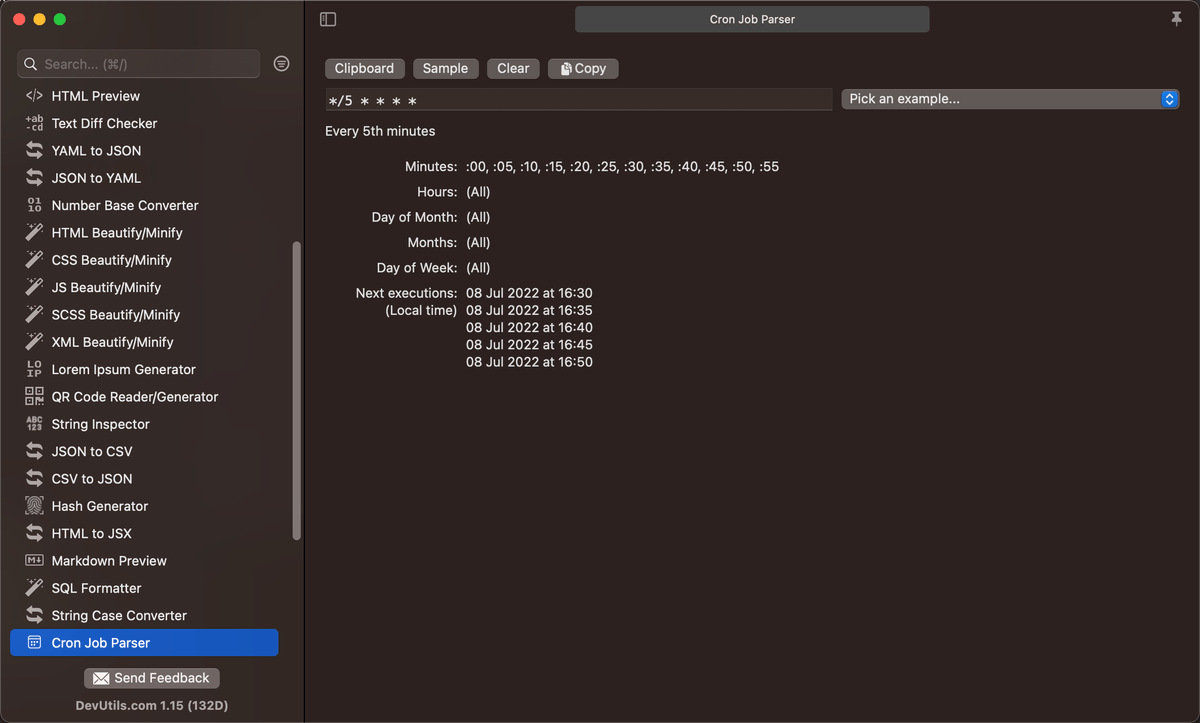 devutils_app's tweet photo. Input a cron expression ...

... and let our "Cron Job Parser" interpret it for you!

This helps you understand and verify the timing and frequency of automated tasks quickly and easily. 

🔥 Download https://t.co/DWYp7jjVWt now to use the tool! https://t.co/lHXLNYRcU0
