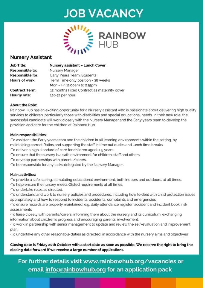 🌈We have a fantastic job opportunity for someone wanting to make a difference to the lives of children with disabilities🌈

Visit rainbowhub.org/vacancies-2/ for more info

#jobopportunity #makeadifference #lancashirejob #nurseryassistant #workwithchildren #childrenwithsen #newjob
