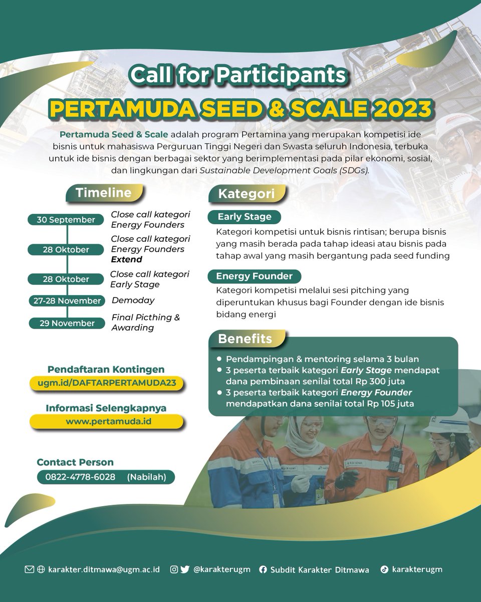 Call for Participants Pertamuda Seed &amp; Scale 2023

Halo, #SobatKarakter!
Pertamina sedang mengadakan Pertamuda (Pertamina Muda) Seed &amp; Scale 2023, lho!
Tunggu apalagi, segera daftarkan dirimu di ugm.id/DAFTARPERTAMUD… yaa!