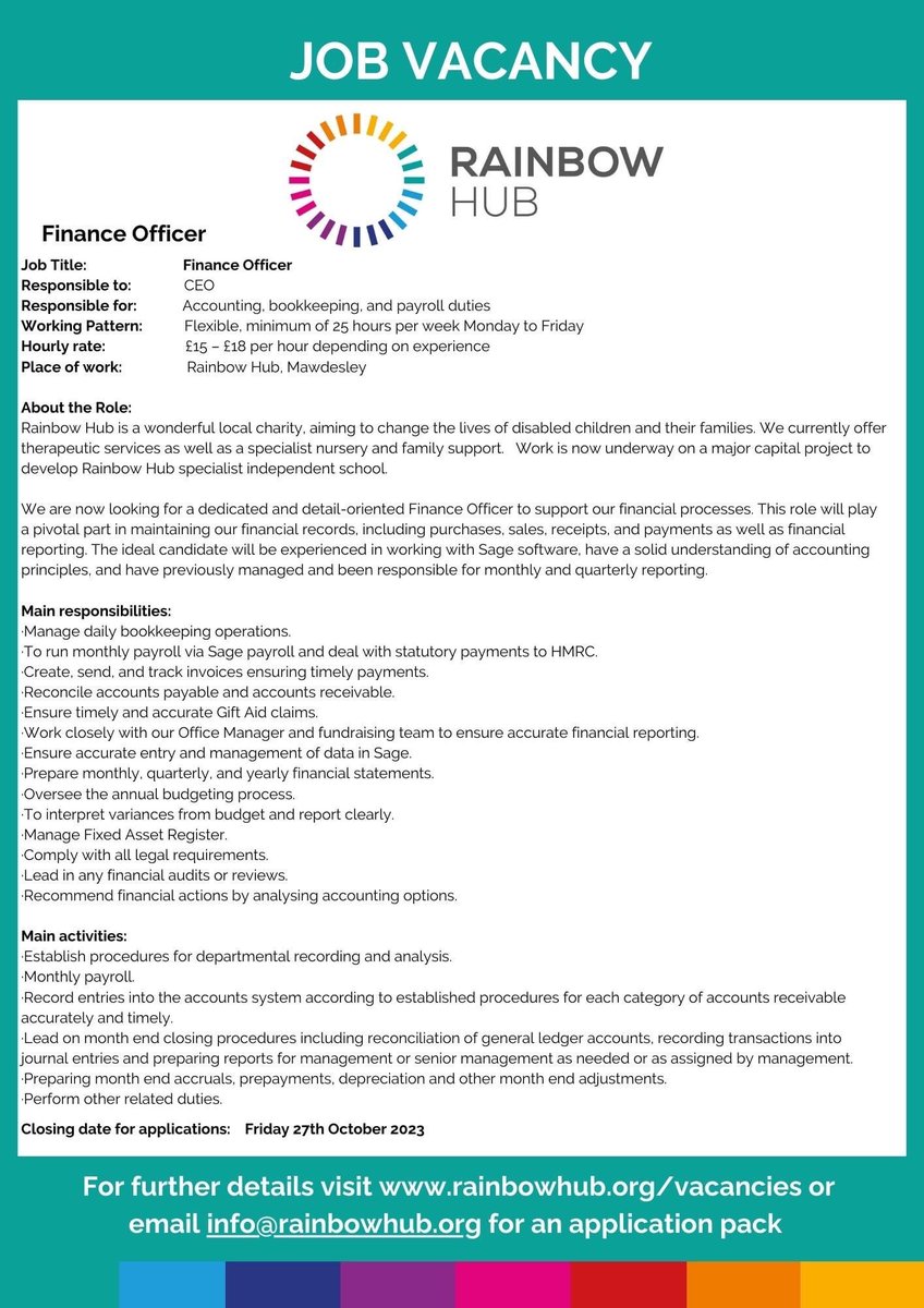 🌈We are hiring!🌈 We are searching for a dedicated and detail-oriented Finance Officer to join our team! For more information, visit: rainbowhub.org/vacancies-2/ #jobopportunity #jobopportunities #makeadifference #lancashirejob #financeofficer #financejob #workinfinance #newjob