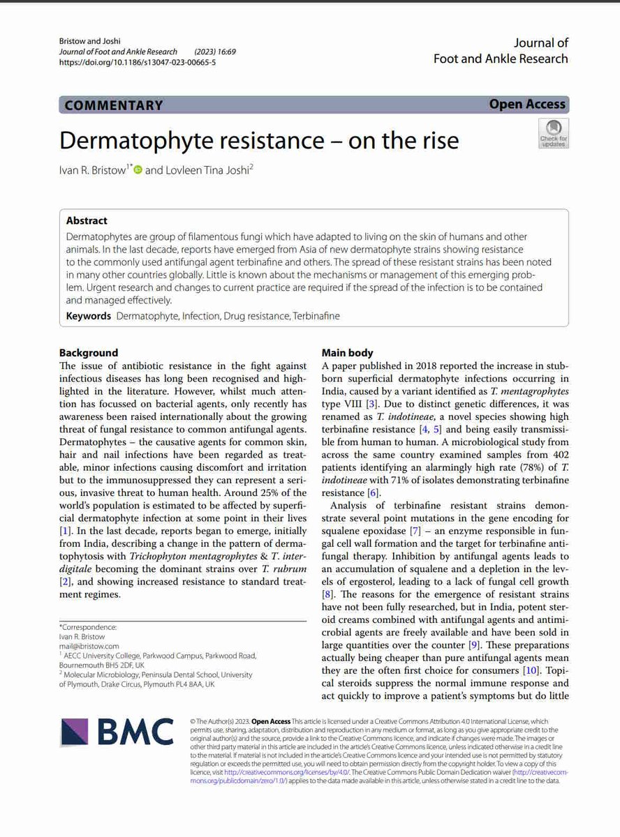 Ivan Bristow (@drivanbristow) on Twitter photo Very pleased to have commentary article published today with <a href="/tinaljoshi/">Dr Tina L. Joshi</a> in the <a href="/jfootankleres/">J Foot Ankle Res</a> highlighting the growing problem of terbinafine resistance amongst dermatophytes. <a href="/RoyColPod/">Royal College of Podiatry</a> <a href="/RCPodChairman/">RCPod Chairman</a>
jfootankleres.biomedcentral.com/articles/10.11… Very pleased to have commentary article published today with <a href="/tinaljoshi/">Dr Tina L. Joshi</a> in the <a href="/jfootankleres/">J Foot Ankle Res</a> highlighting the growing problem of terbinafine resistance amongst dermatophytes. <a href="/RoyColPod/">Royal College of Podiatry</a> <a href="/RCPodChairman/">RCPod Chairman</a>
jfootankleres.biomedcentral.com/articles/10.11…