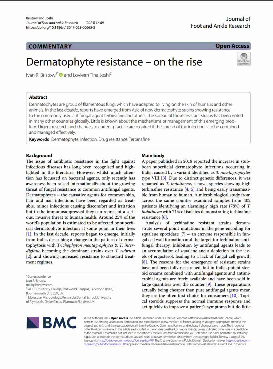 Very pleased to have commentary article published today with @tinaljoshi in the @jfootankleres highlighting the growing problem of terbinafine resistance amongst dermatophytes. @RoyColPod @RCPodChairman jfootankleres.biomedcentral.com/articles/10.11…