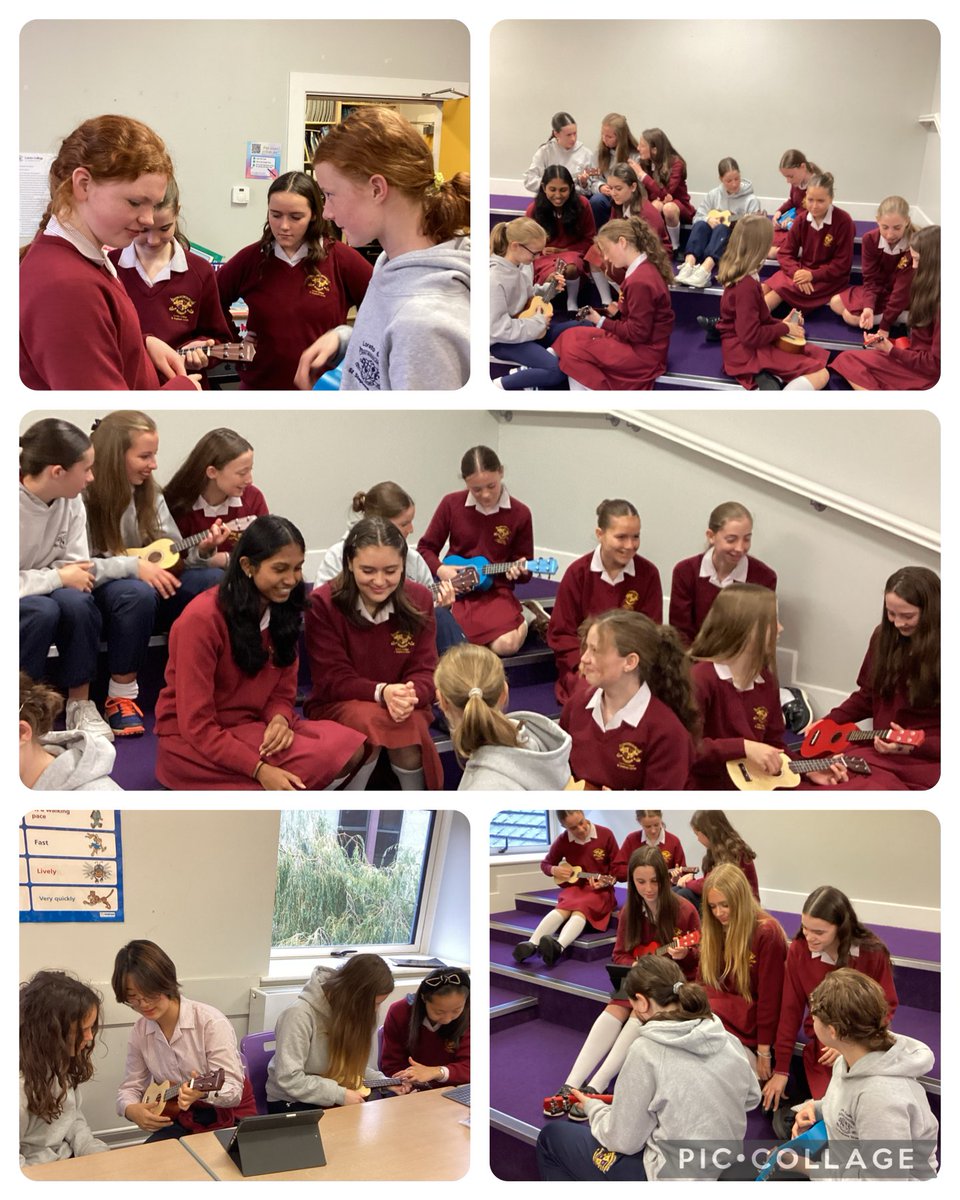 Peer learning in action! Ms FitzPatrick's & Iníon Uí Áinle's 1st & 2nd Year Music Classes collaborating this morning. 🙌🎸🎶