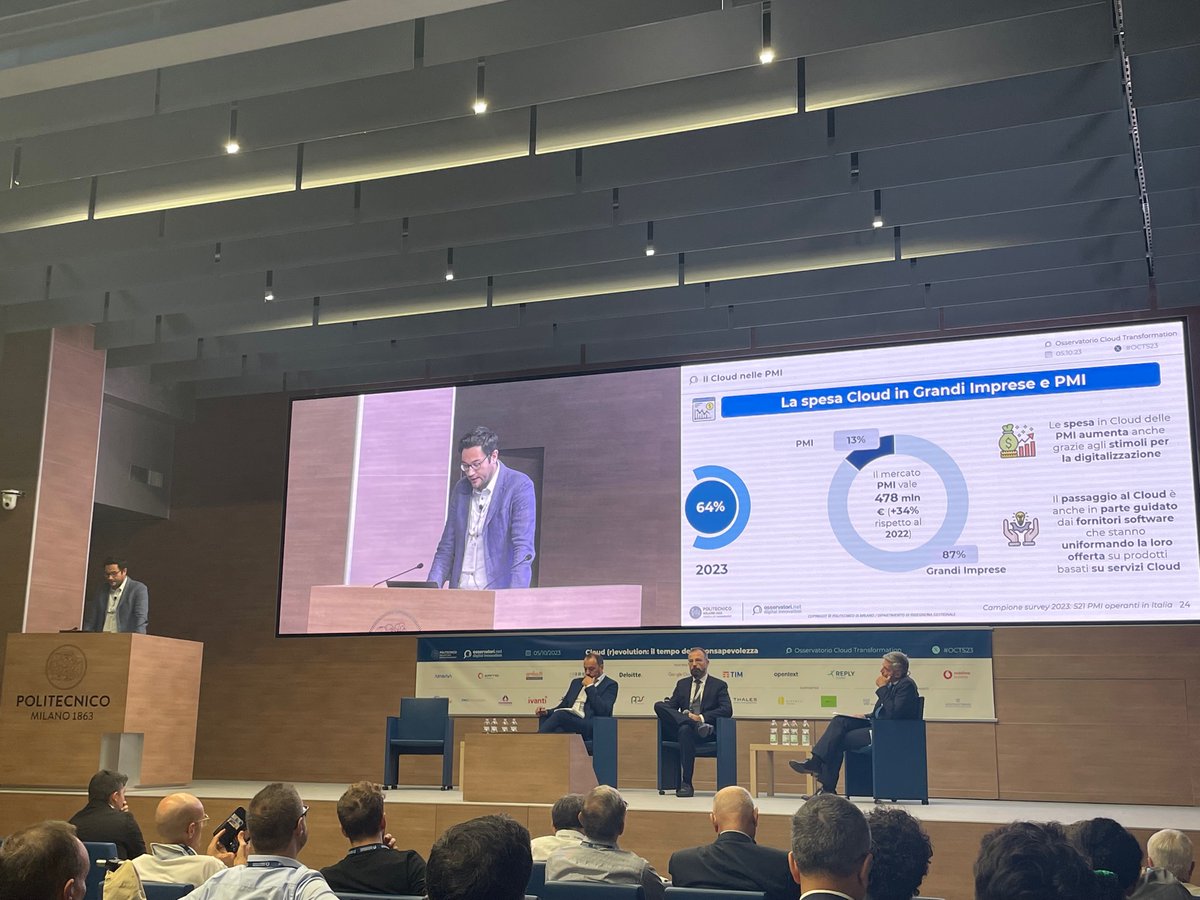 <a href="/Osserv_Digital/">Osservatori Digital</a> <a href="/marianocorso/">Mariano Corso</a> <a href="/StefanoMainetti/">Stefano Mainetti</a> <a href="/PivaAlessandro/">Alessandro Piva</a> Oggi la spesa Cloud🇮🇹 è rappresentata per l’87% dalle grandi imprese ma le #PMI sono un comparto in grande crescita: grazie a iniziative sistemiche, come i fondi PNRR, la spesa in Public Cloud si attesta nel 2023 a 478 milioni di euro in crescita del +34% rispetto al 2022
#OCTS23