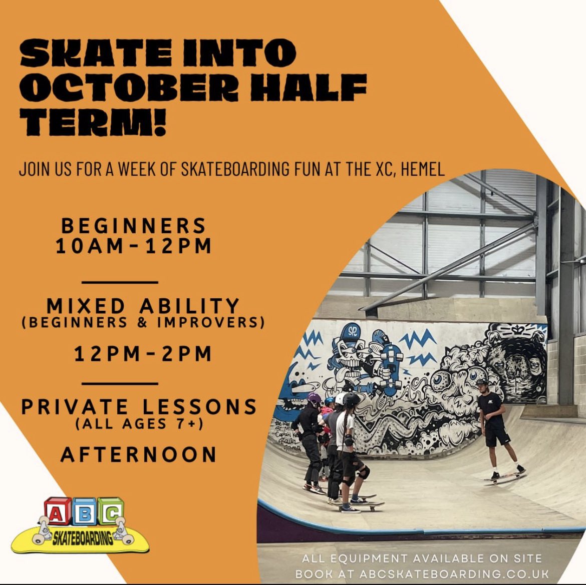 Try something new or progress with our holiday lessons🙌🛹

📍 Location: the XC, Hemel Hempstead
🗓 Date: 23rd-27th October
⏰ Time: Beginners 10am-12pm / Mixed Abilities 12pm-2pm

bookwhen.com/abcskateboardi…

#abcskateboarding #skateboarding #ukskateboarding #learntoskateboard