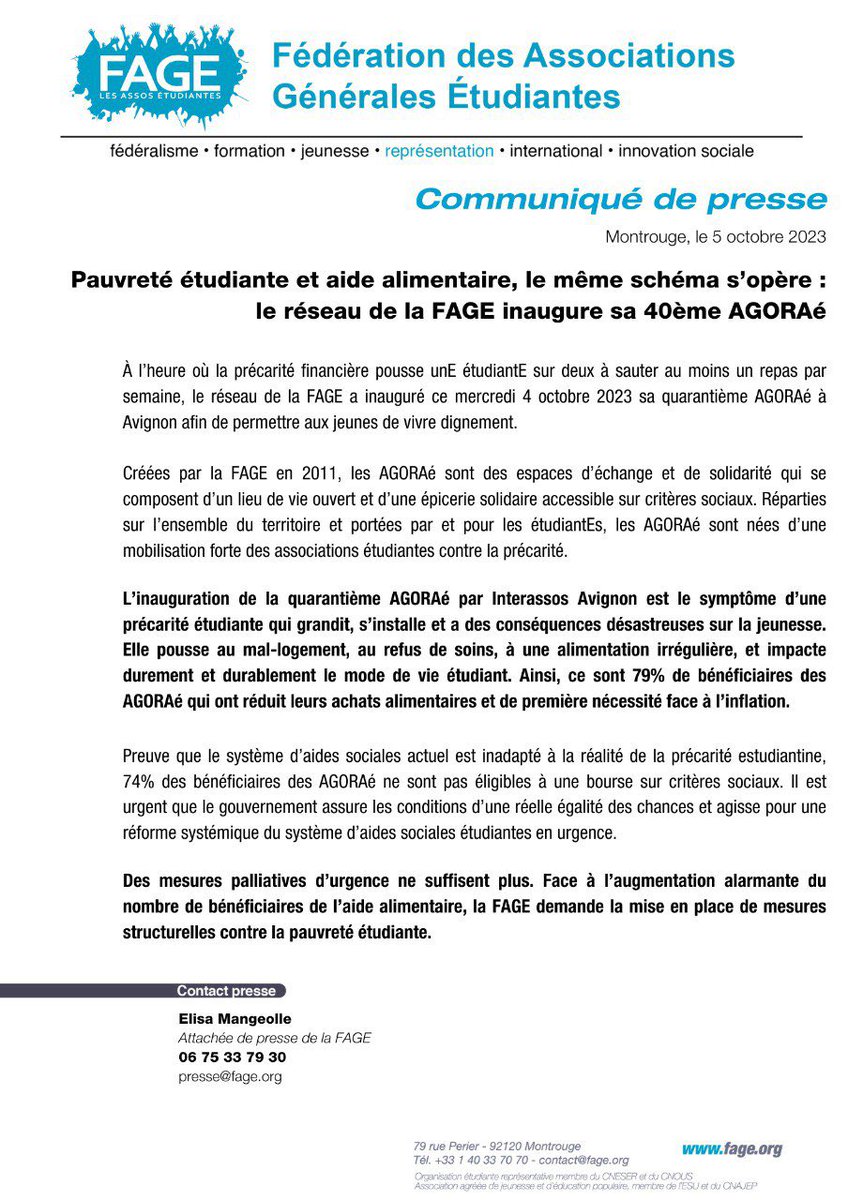 FAGE (@la_fage) on Twitter photo #CDP | La 40ème AGORAé du réseau vient d'être inaugurée par <a href="/InterA_Avignon/">Inter'asso Avignon</a> ✊
La FAGE ne se réjouit pas de cet inquiétant chiffre : ce n'est pas aux assos étudiantes de pallier la pauvreté étudiante ‼️
Nous demandons une réforme structurelle des bourses ⚠️<a href="/sup_recherche/">Ministère Enseignement supérieur et Recherche</a> #CDP | La 40ème AGORAé du réseau vient d'être inaugurée par <a href="/InterA_Avignon/">Inter'asso Avignon</a> ✊
La FAGE ne se réjouit pas de cet inquiétant chiffre : ce n'est pas aux assos étudiantes de pallier la pauvreté étudiante ‼️
Nous demandons une réforme structurelle des bourses ⚠️<a href="/sup_recherche/">Ministère Enseignement supérieur et Recherche</a>
