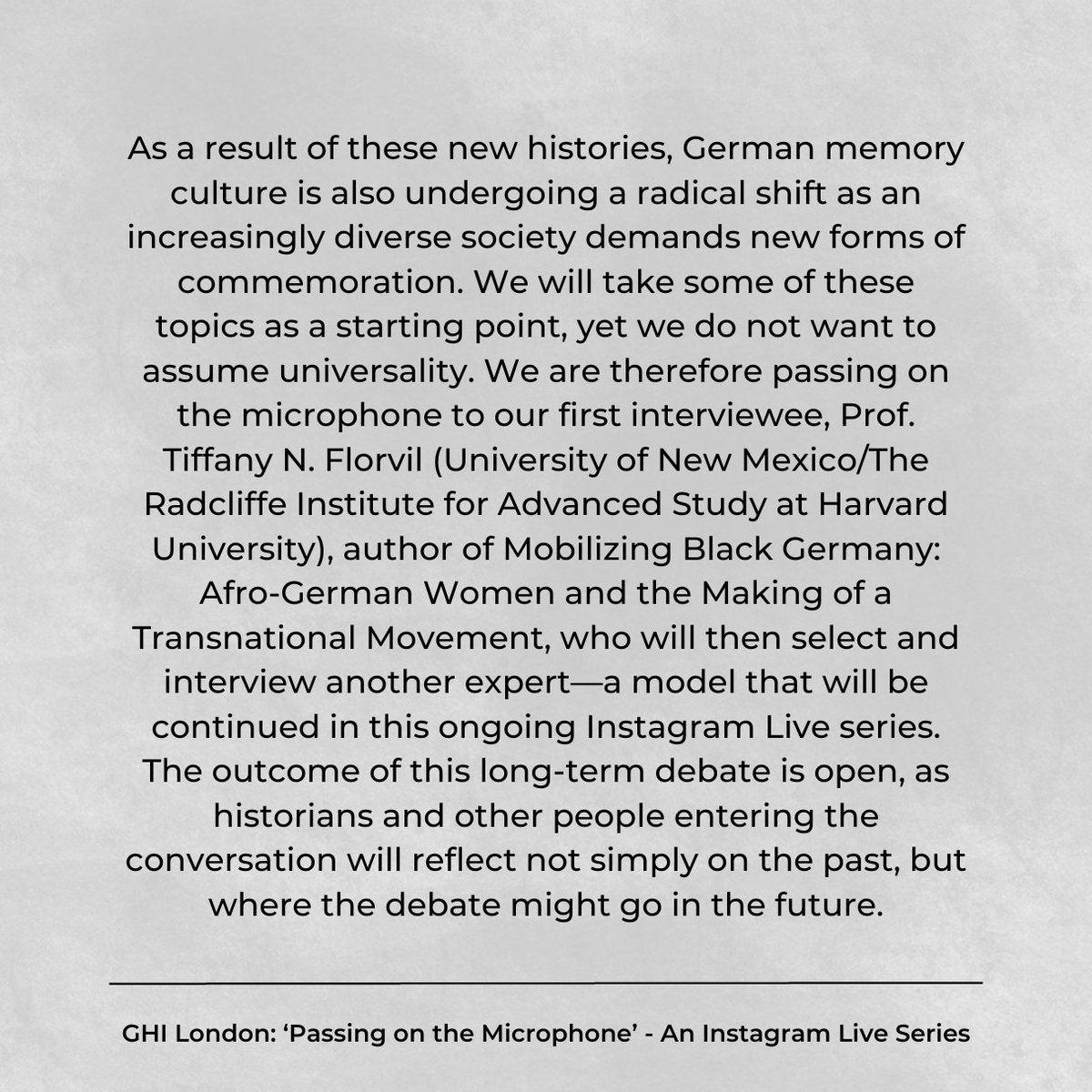 ghilondon's tweet photo. Announcing the first interviewee in our new Instagram live series 'Passing on the Microphone'! We are delighted to kick off the series with a conversation between #GHIL Fellow Mirjam S. Brusius and Associate Professor of History Tiffany N. Florvil over on our account @ghi_london! https://t.co/GydkAIbjRu
