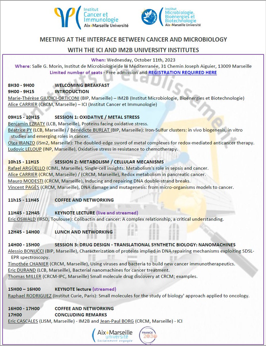 CancerImmunoAMU's tweet photo. 📢1st conference #ICI #IM2B - interface cancer/microbiology October 11. Network with colleagues and hear keynotes #RRodriguez @OswaldEric1.
Program and registration⬇️⬇️
https://t.co/ClCthBlMVv
@univAMU @crcm_marseille @CIML_Immunology @inp_marseille @reseau_c2vn @IBDMmarseille https://t.co/vmhpAGS935