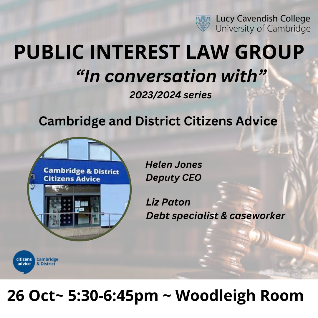 PILaw_Group's tweet photo. We are delighted to announce the start of our "In Conversation With" series 2023/24.   

Join us on Oct 26th @LucyCavColl, at 5:30pm where we will be speaking with Helen Jones and Liz Paton from @CambridgeCAB.

Please RSVP here: pilgroupatlucy@gmail.com https://t.co/hQp1M9E5kA