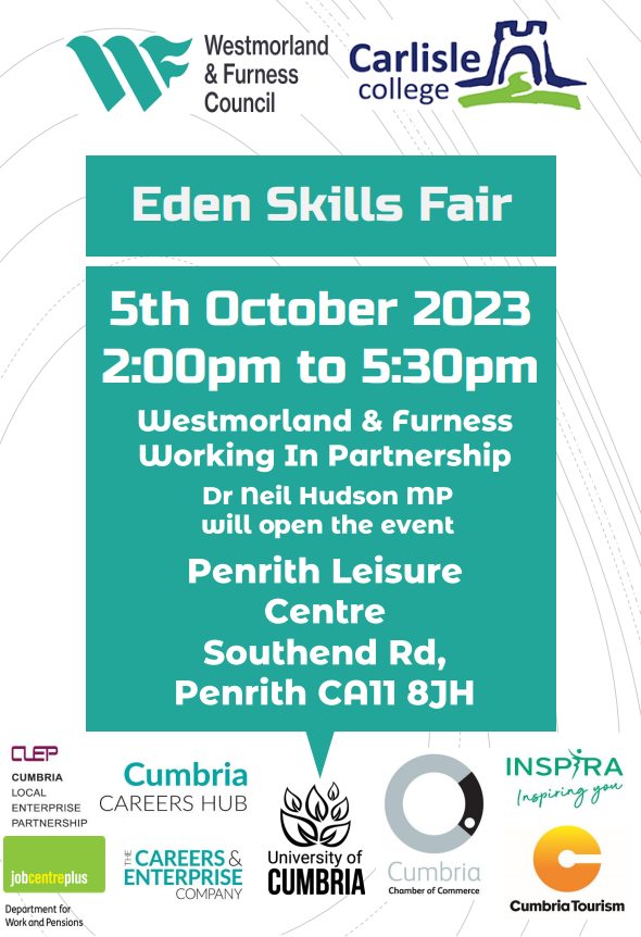 Call into the Eden Skills Fair taking place today 2pm to 5.30pm at Penrith Leisure Centre.

This is a great opportunity for young people to check out and speak to employers in Cumbria and see what roles they have to offer and much more.

orlo.uk/p31UP
