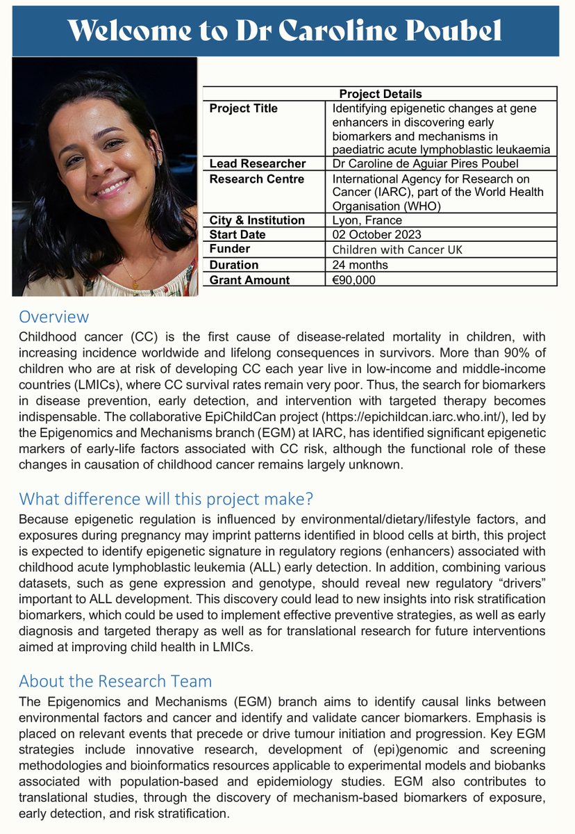 Thrilled to welcome Caroline Poubel as postdoc in our team at <a href="/IARCWHO/">IARC</a>. Caroline won IARC-<a href="/CwC_UK/">Children with Cancer UK</a> #fellowship to work on project aimed at discovering #epigenetic precursors &amp; #biomarkers of #childhood #leukemia, most common #cancer in 👩‍👧 with poor survival in low resource setting