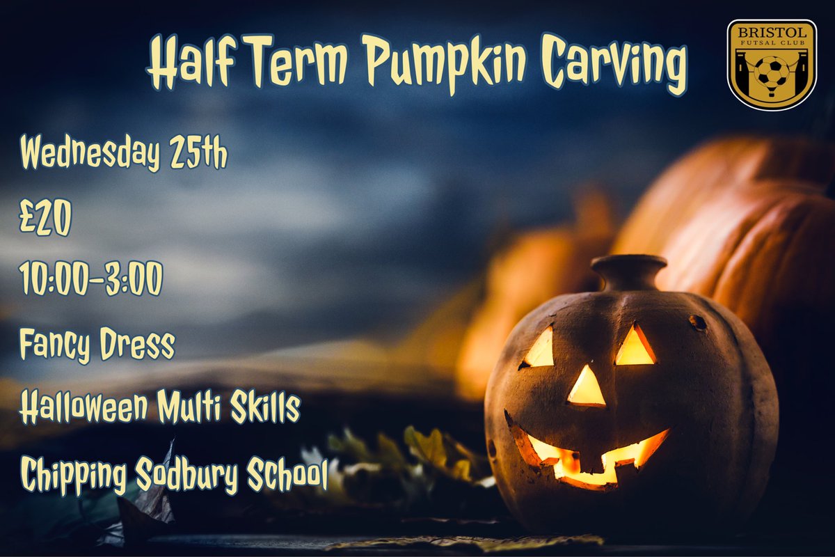 Half term camps. Please read our posters to know what we are doing each day 😃

Monday: Futsal only 

Tuesday: Inflatable slide, multi skills, football launcher 

Wednesday: Pumpkin Carving Day 

Thursday: Inflatable slide, multi skills, football launcher