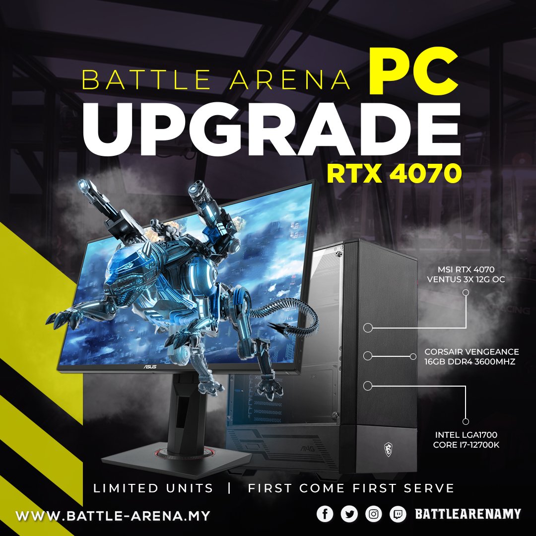 ALL NEW RTX 4070 PC! 🤩

We've partially upgraded our PCs to RTX 4070! Customers will be able to game with the new RTX 4070 starting 10 October 2023 at RM5/hour.

* Limited units available
* First come first serve
* Non-4070PCs will still be RM1.99/hour

#BattleArenaMY
