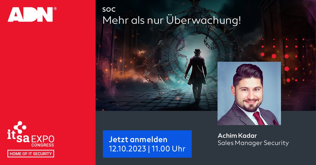 🔒 𝐒𝐎𝐂 – Schutz vor Cyberbedrohungen! Bei ADN unterstützen wir den Aufbau eines effektiven SOCs. Finden Sie heraus, wie unser ADN-SOC-Konzept MSPs zum Erfolg bringt. 💡
🗓️ 12.10.2023, 11:00 Uhr #it-saExpo.

👉  eu1.hubs.ly/H05yWkv0

#securityoperations #cyberprotection #soc