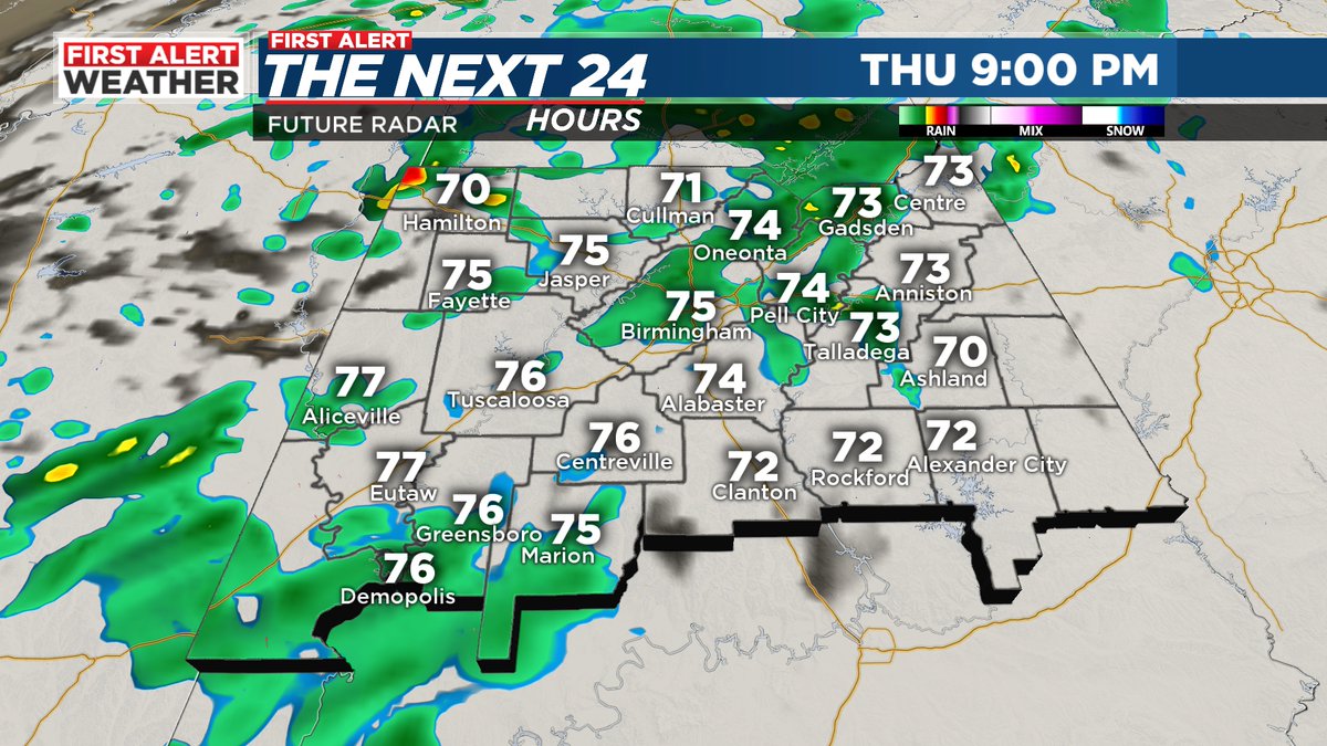 We could see some scattered showers roll in by this evening
 #alwx <a href="/WBRCweather/">WBRC First Alert Weather</a> <a href="/wbrcnews/">WBRC 6 News</a>