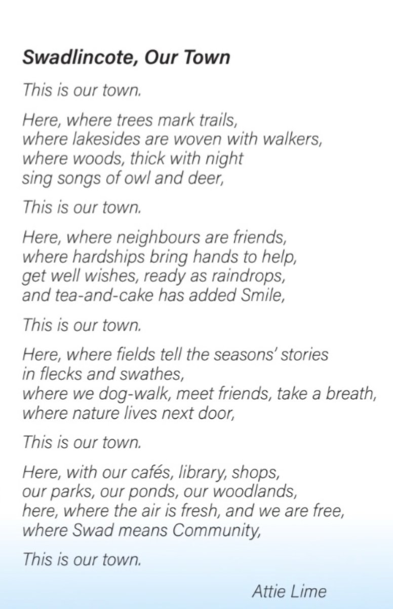 Today is #NationalPoetryDay. The theme is Refuge.
Recently I wrote a community poem, using words and ideas from residents of my local town, in #TheNationalForest. Sometimes refuge is found on our own doorstep. #Swadlincote #nature 
Published in the current issue of SwadStyle mag.