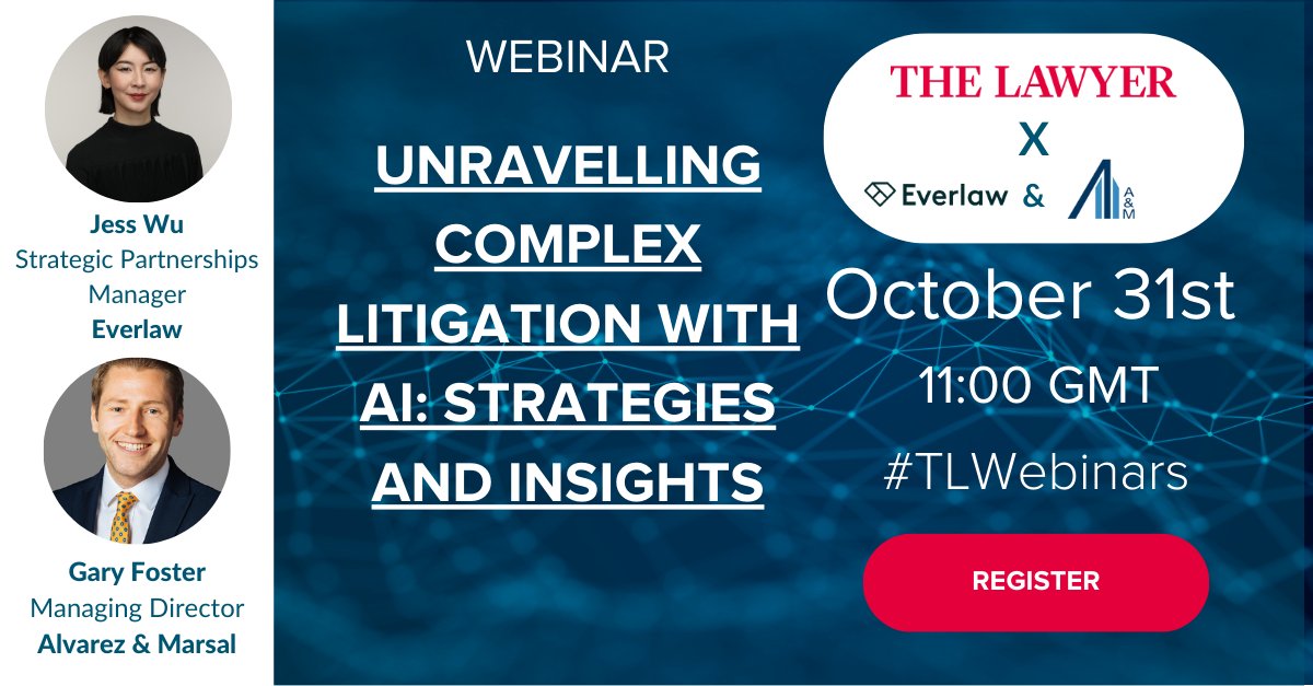 Are you interested in the impact of AI in law? Then sign up for our webinar with <a href="/everlaw/">Everlaw</a>, featuring an expert discussion of AI's impact on the future of litigation, featuring Jess Wu and Gary Foster of Alvarez and Marsal. Sign up with the link workcast.com/register?cpak=…