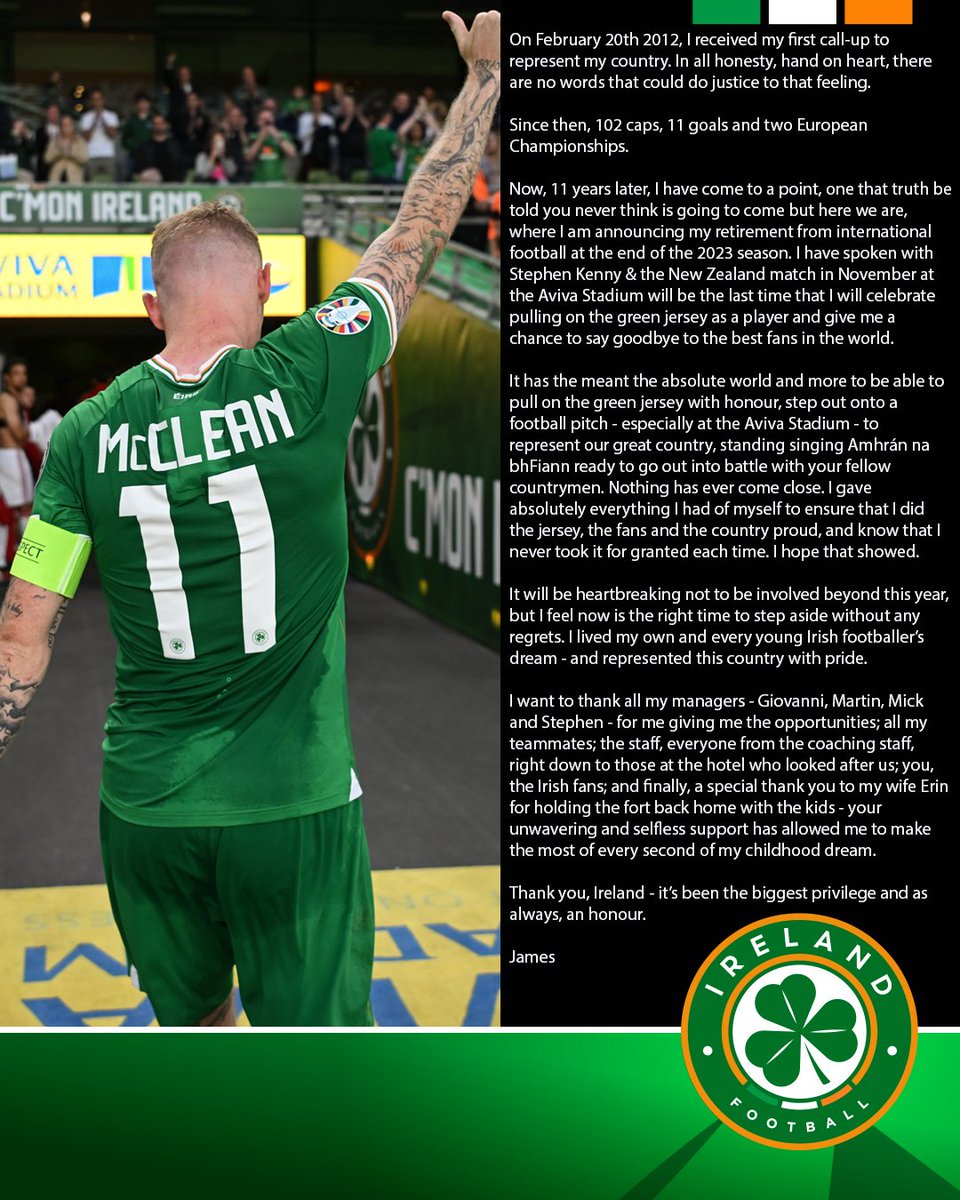 𝗢𝘂𝗿 𝗝𝗶𝗺𝗺𝘆 💚

James McClean set to retire from international football 

A centurion. A legend. 🇮🇪