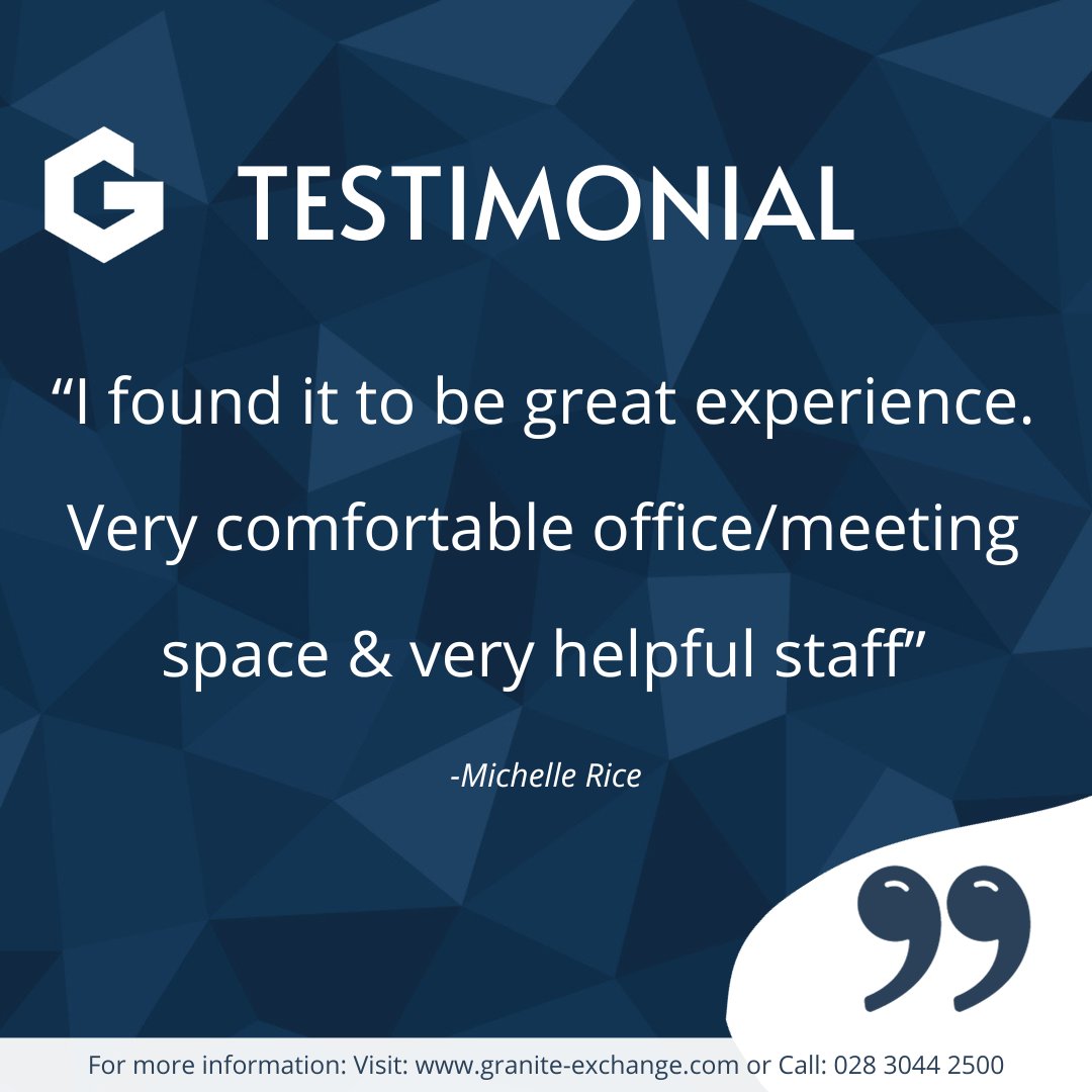 We appreciate all the feedback we receive! 🎉

Why not try Granite Exchange for your next
✔️Meeting 
✔️Training day 
✔️Interview 
✔️Zoom Meeting

To book:
📞028 3044 2500