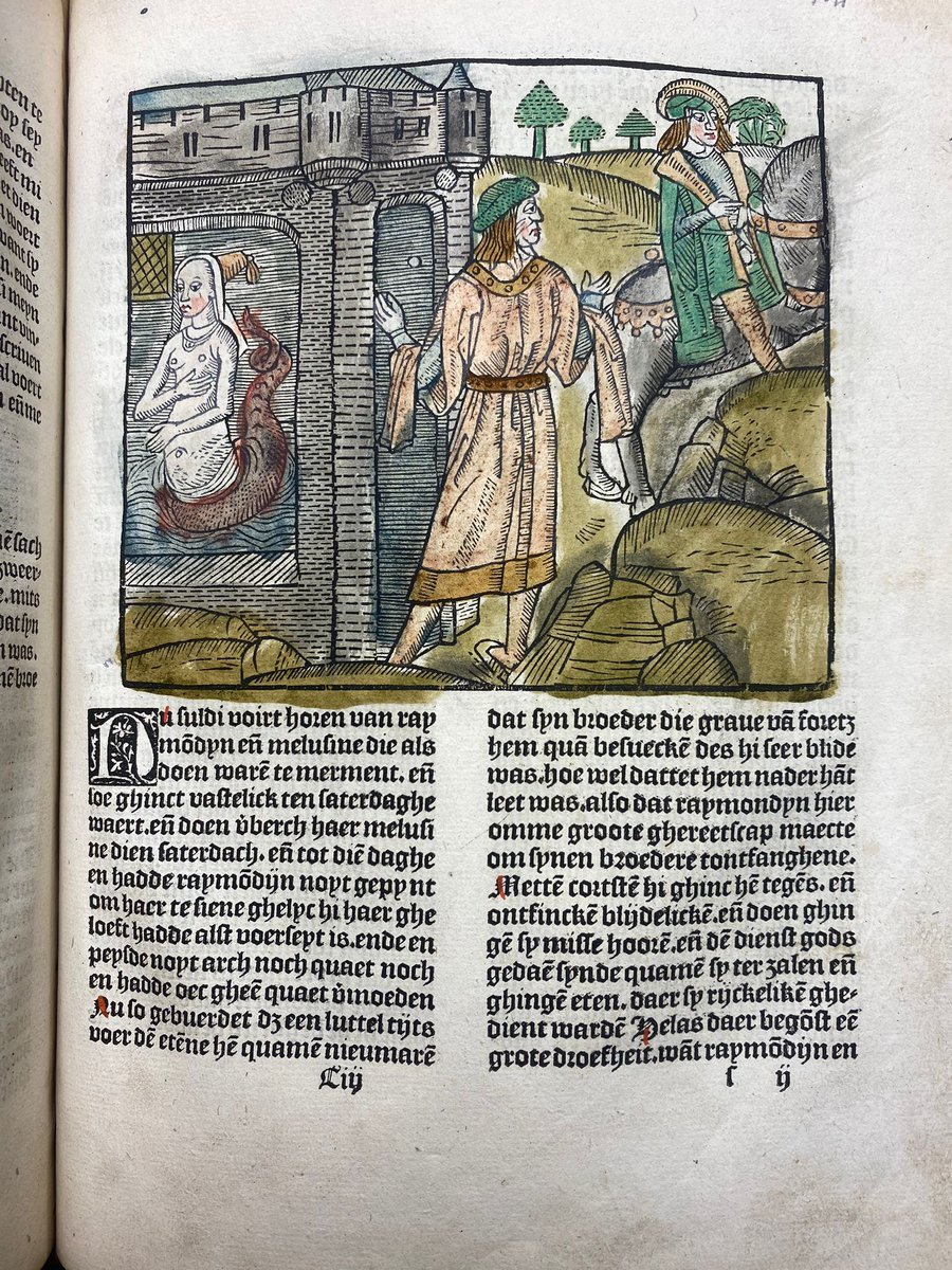 The legend of Melusine tells the story of how Melusine married Raymond of Poitou under 1 condition: he must never enter her chamber on Saturdays. Alas, here you see Raymond looking through a hole he drilled in his wife's door, to discover that she has a tail instead of legs!/1