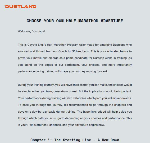 the_dustland's tweet photo. Hey Dustcaps!

Are you a gamer?
Do you like fast-paced arcade games?
Or RPGs with deep stories that'll whisk you away?

How about playing a little choose-your-own-adventure fitness journey?👀

Here's a sneak of the exclusive e-book from our Virtual Run😉
https://t.co/r2Ayrqa8Ql👈 https://t.co/Vsni7mqulY