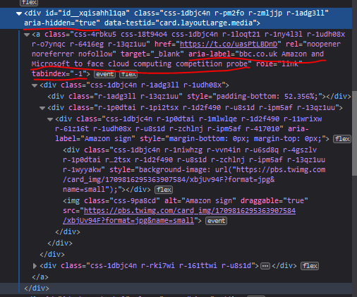 MattEason's tweet photo. I don't understand how they've messed this up. It *could* have been accessible, because they're using the aria-label on the link to allow the headline to be read by screen readers and other assistive tech. But the aria-hidden="true" on the div around it means AT can't see it. https://t.co/QcDH3nYNHI