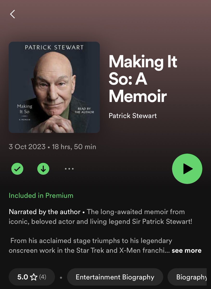 For those of you in the UK with a Spotify Premium membership I’ve just spotted “Making it so” Patrick Stewart’s memoir is available included in membership! 🤩🖖 I know what I’m listening to this evening!