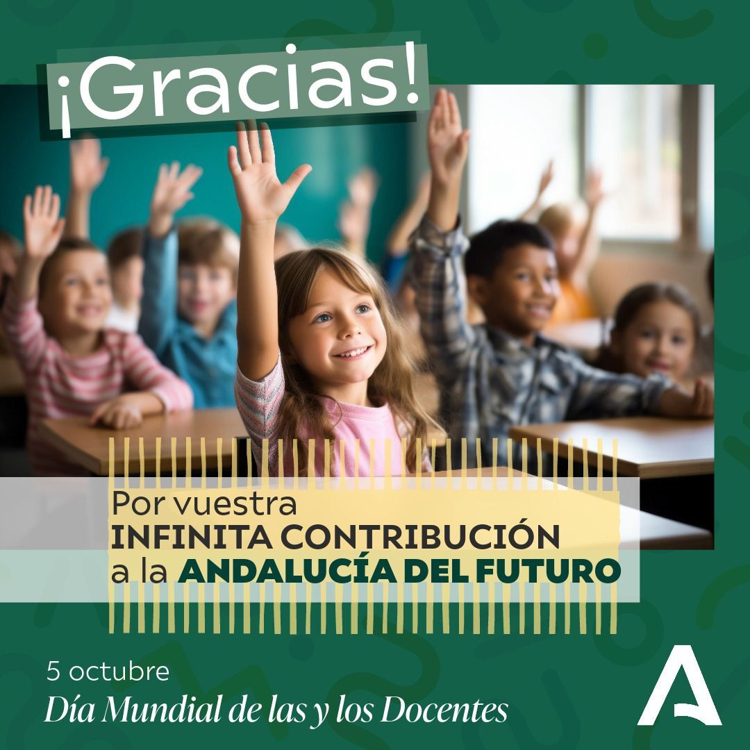 AndaluciaJunta's tweet image. 💚 Los docentes compartís, no sólo vuestro conocimiento, sino vuestra forma de ser y de habitar el mundo y con ello transmitís valores, aspiraciones e inspiraciones.

De este modo, vuestros alumnos serán mejores personas y miembros de la sociedad.

#DíaMundialdelDocente 👩🏻‍🏫