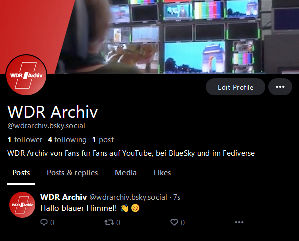 WDRArchiv's tweet photo. Nun auch im blauen Himmel vertreten. 
Dass WDR Archiv jetzt auch bei #BlueSky! https://t.co/YFLHglGNYx