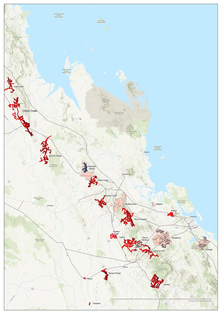 AusBiodiversity's tweet image. Untouched ranges of Central QLD to be smashed for renewables. Our latest mapping of proposed / in development renewables indicates every scrap of high country outside of protected areas will have a turbine on it. Black dots indicate turbine locations. Many projects are missing…