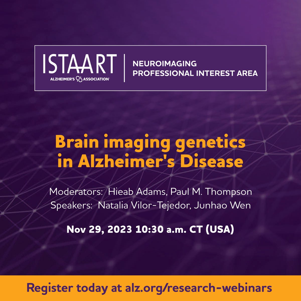 Tavia Evans (@taviaevans) on Twitter photo As my last act as the Educational Trainee for the <a href="/NeuroimagingPIA/">Neuroimaging PIA</a> I began organising a webinar focusing on Imaging Genetics in AD-Come join us on 29th November for great presentations and discussions! #Genetics #Neuroimaging #alzheimersdisease Register:
alz-org.zoom.us/webinar/regist… As my last act as the Educational Trainee for the <a href="/NeuroimagingPIA/">Neuroimaging PIA</a> I began organising a webinar focusing on Imaging Genetics in AD-Come join us on 29th November for great presentations and discussions! #Genetics #Neuroimaging #alzheimersdisease Register:
alz-org.zoom.us/webinar/regist…