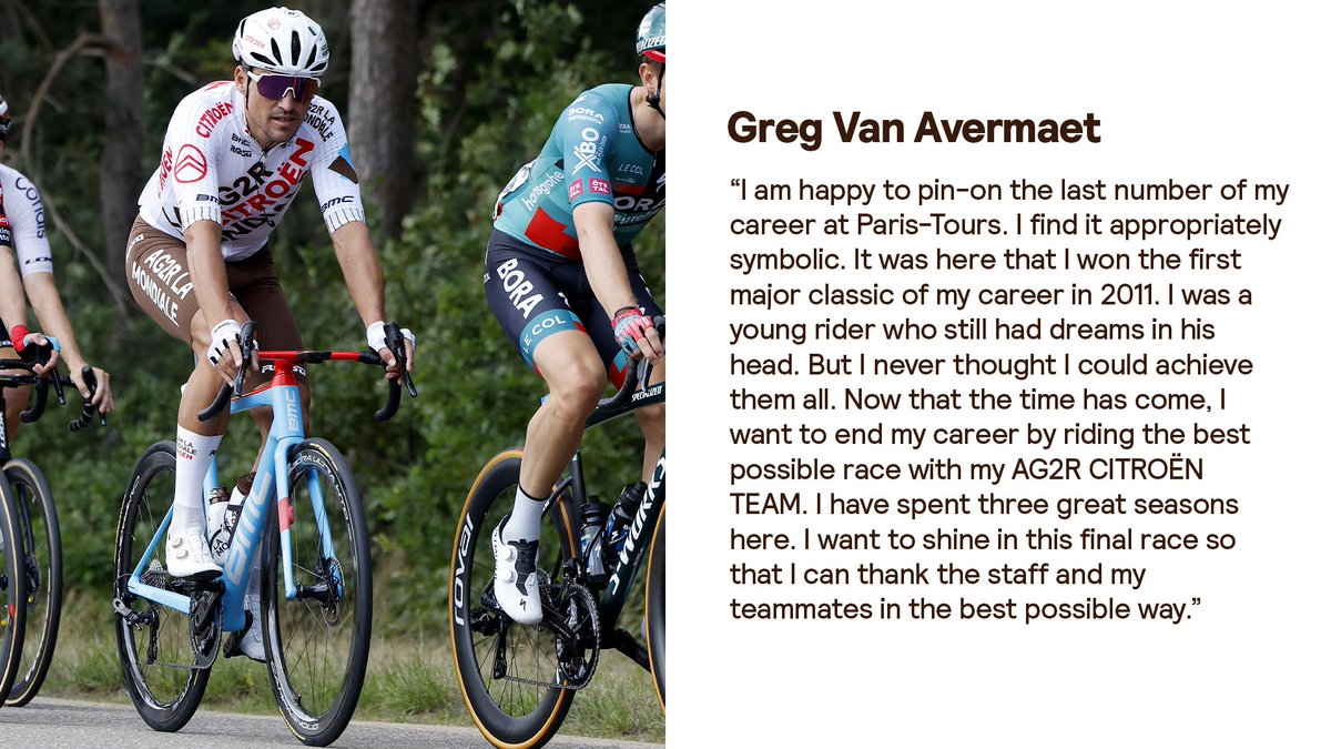 DECATHLON AG2R LA MONDIALE TEAM (@decathlonag2rlm) on Twitter photo ๐ซ๐ท <a href="/ParisTours/">ParisTours</a>
๐
08/10
๐๏ธ <a href="/GregVanAvermaet/">Greg Van Avermaet</a> : "Happy to pin on my last race number at Paris-Tours"
#AG2RCITROรNTEAM #RoulonsAutrement #RideDifferently ๐ซ๐ท <a href="/ParisTours/">ParisTours</a>
๐
08/10
๐๏ธ <a href="/GregVanAvermaet/">Greg Van Avermaet</a> : "Happy to pin on my last race number at Paris-Tours"
#AG2RCITROรNTEAM #RoulonsAutrement #RideDifferently