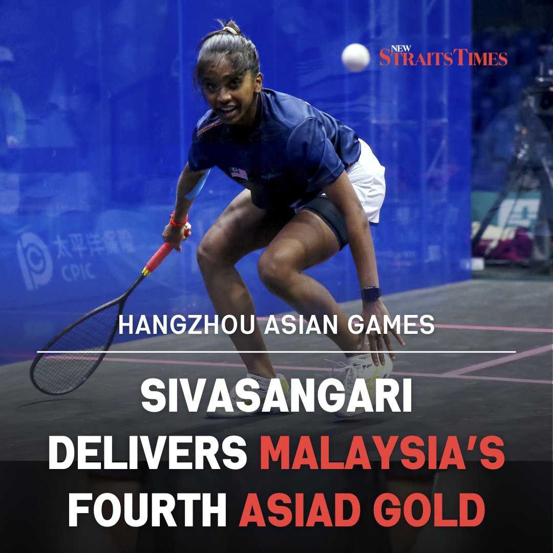 NST_Online's tweet photo. #NSTsports Flag-bearer S. Sivasangari delivered #Malaysia's🇲🇾 fourth #gold medal 🥇 in the #AsianGames when she topped the women's singles event at the Olympic Sports Centre in Hangzhou.

https://t.co/01ysJjuD8C

#squash #syabas https://t.co/UunfN01D03