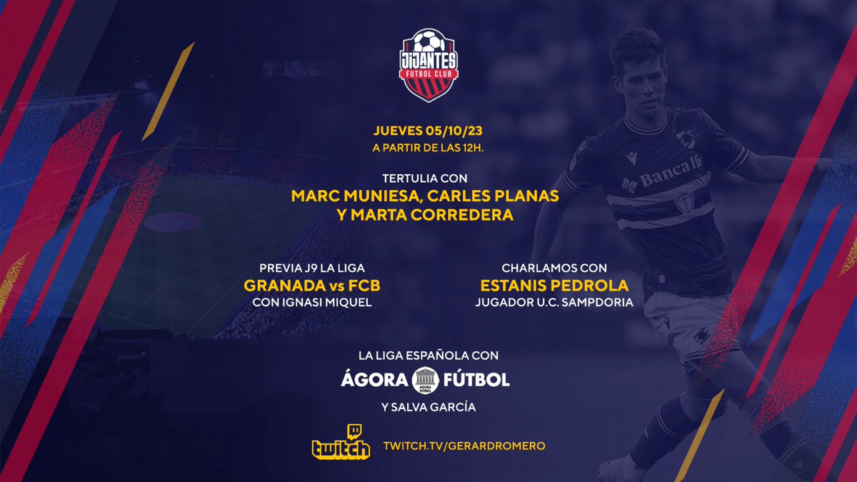 🔥🔥Jueves de resaca de Champions con muchos protagonsitas en @JijantesFC 🗣️ @muniesa92 @Planas @Corredera7 Entrevista previa Granada con Ignasi Miquel Charla con @PedrolaEstanis Tertulia con @AgoraFutbol y @SalvaGJim twitch.tv/gerardromero