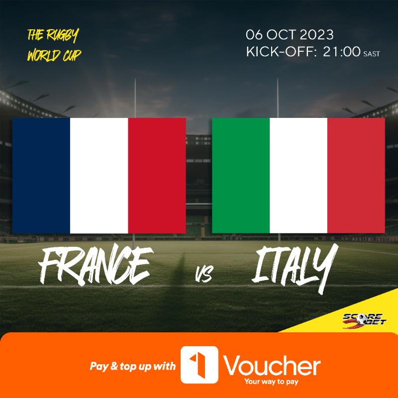 1Voucher_za's tweet photo. On 6 October, Italy clash in an all or nothing group game against France in the 2023 RWC!
Top up your account with 1Voucher today and support your team.
T’s &amp; C’s Apply. 18+ Only. 
#RWC2023 #1Voucher #YourWayToPay