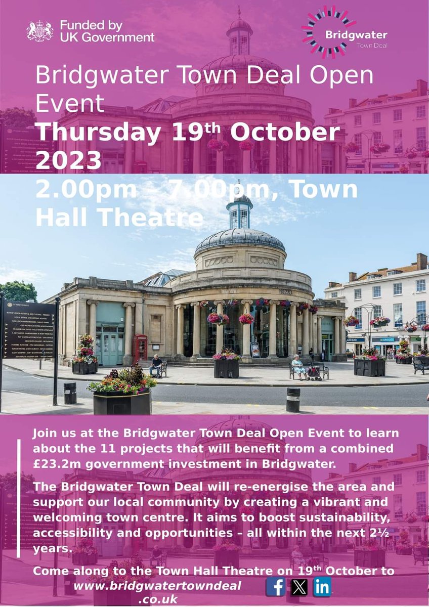 ➡️Thursday 19 October 23
➡️2pm to 7pm
➡️Town Hall Theater #Bridgwater 

Come along and find out more about the projects which are receiving investment from the Towns Fund. 

#TownsFund #bridgwatertowndeal