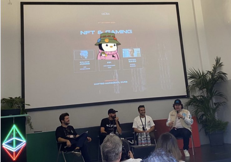 captainPURU's tweet photo. @fifilechien representing @PudgyEurope at @eth_milano 

Spreading further the @PudgyWorld_ vision on a panel on NFTs &amp; Gaming 

👏🏻 👏🏻 #ethmilan #ethmilano https://t.co/IkFKY6mROA
