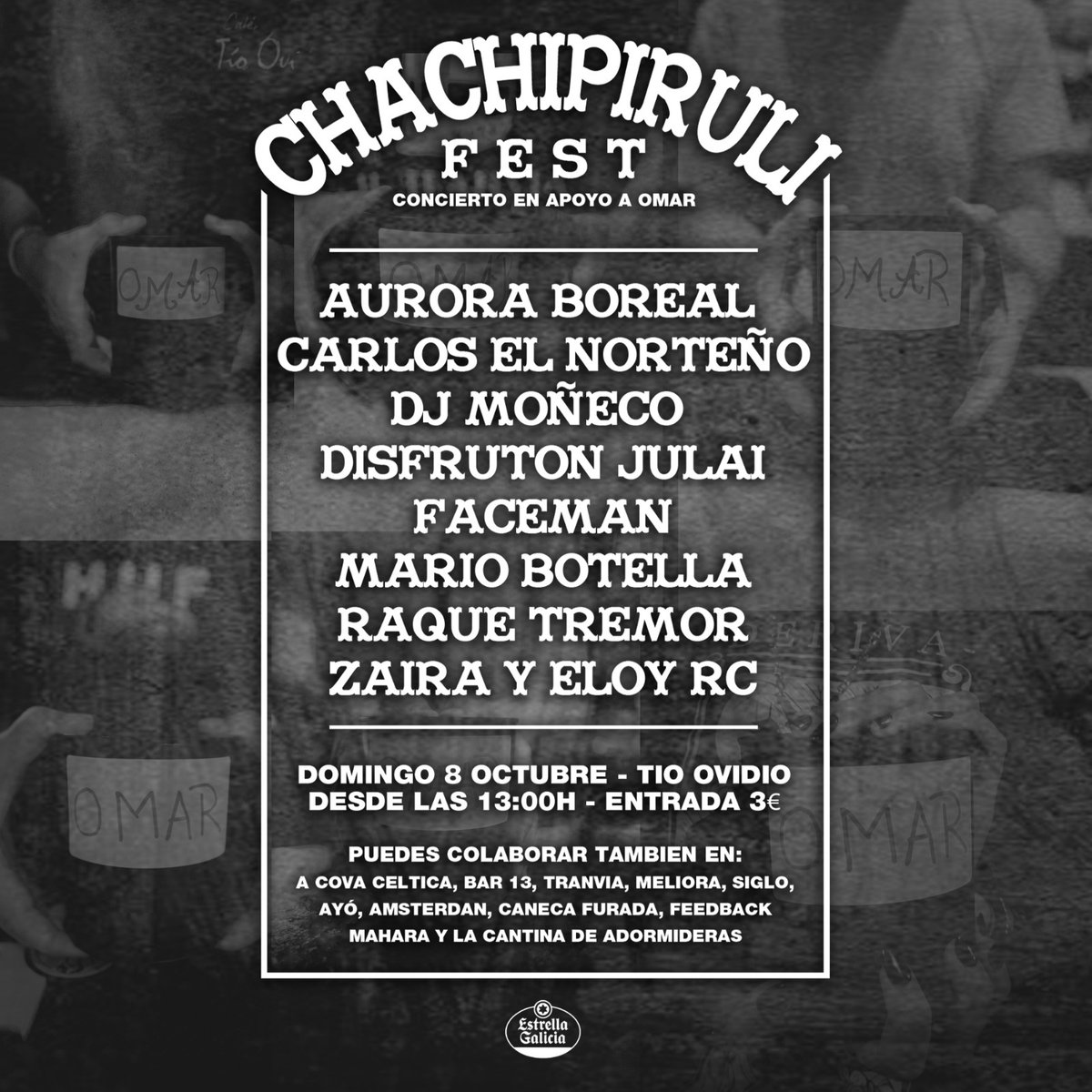 0nlyrcd1906's tweet photo. Este domingo, en el Café Tío Ovidio (Rúa Orzán, 89), sesión vermú desde las 13:00 con conciertos de artistas locales y dj's para ayudar en la recaudación de fondos para Omar. Podéis encontrar en el cartel el listado de bares en que colaborar y ya disponen de huchas https://t.co/c26Sx62Wfv