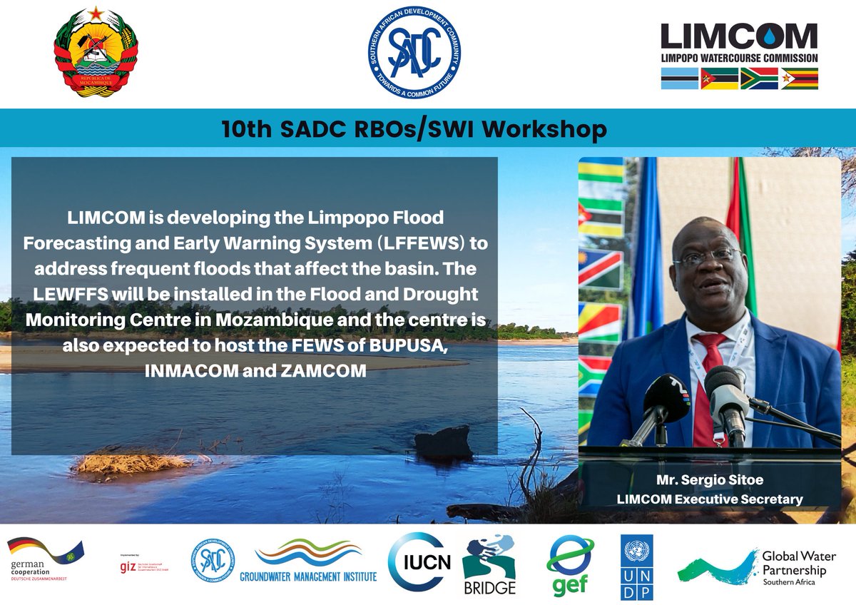 GWPSAF's tweet photo. "Sharing experiences in inclusive drought and flood forecasting and Early Warning Systems (FFEWS) is key to sustainable development, most RBOs are developing their flood forecasting systems-Sergio Sitoe @LIMCOM_SEC https://t.co/zPT1uEUeXG