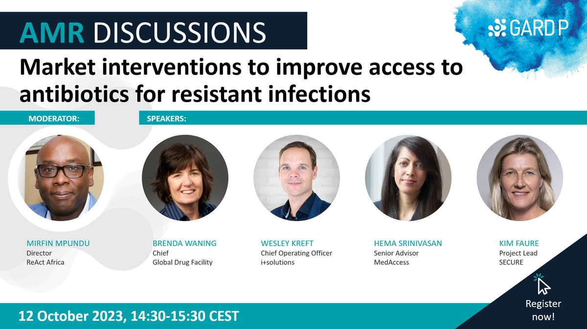 Coming next week!

Join <a href="/MirfinM/">Mirfin Mpundu DrPH</a> <a href="/BrendaWaning/">Brenda Waning</a> <a href="/hemasrinivasan0/">Hema Srinivasan</a>  Wesley Kreft &amp; Kim Faure for our next #AMRDiscussions webinar on market interventions to improve access to #antibiotics for #resistantinfections

📅 12 Oct. 2023

Register now 👇
attendee.gotowebinar.com/register/57338…