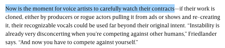 ChasRoweVO's tweet photo. @LHVpodcast @marcushutton I'm sure we can all agree that it's going to continue to be the responsibility of actors and artists to take control over what IP they hand over when they hit record. License and limit. The highlighted sections in blue spoke to me and I hope they speak to everyone else, too. 🙏 https://t.co/N1MjjRsSYE