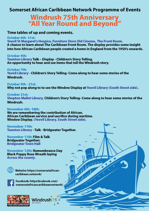 SomersetLib's tweet photo. Join the Somerset African Caribbean Network this month at Yeovil Library on the 7th October for Children's storytelling and Shepton Mallet Library on the 21st October to remember the 75th Anniversary of Windrush. #somerset #blackhistorymonth https://t.co/Hj9LcAPm4P